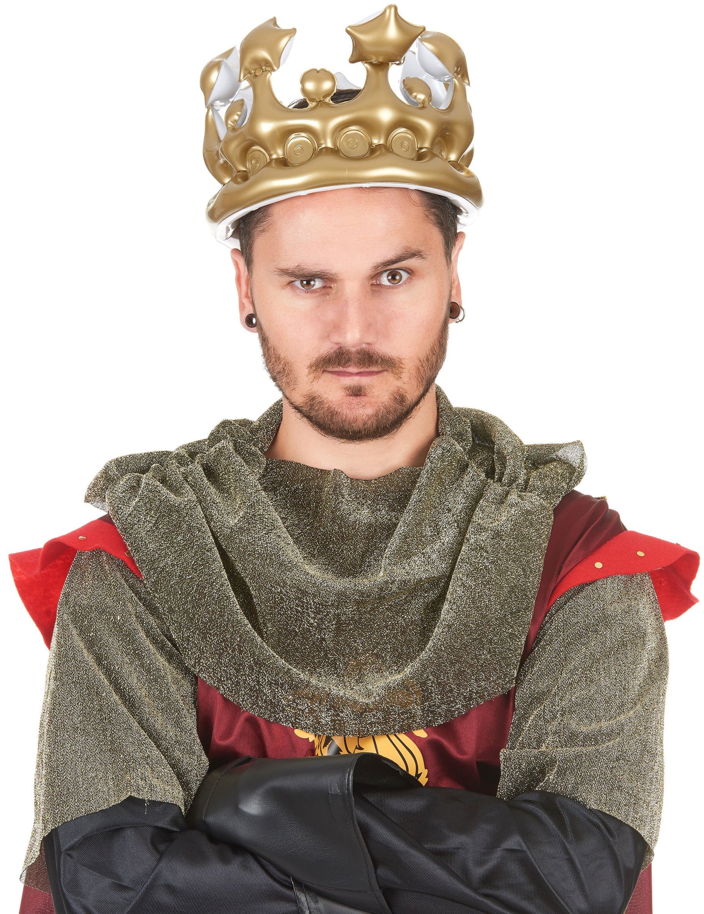 Vue de face de la couronne gonflable de roi or