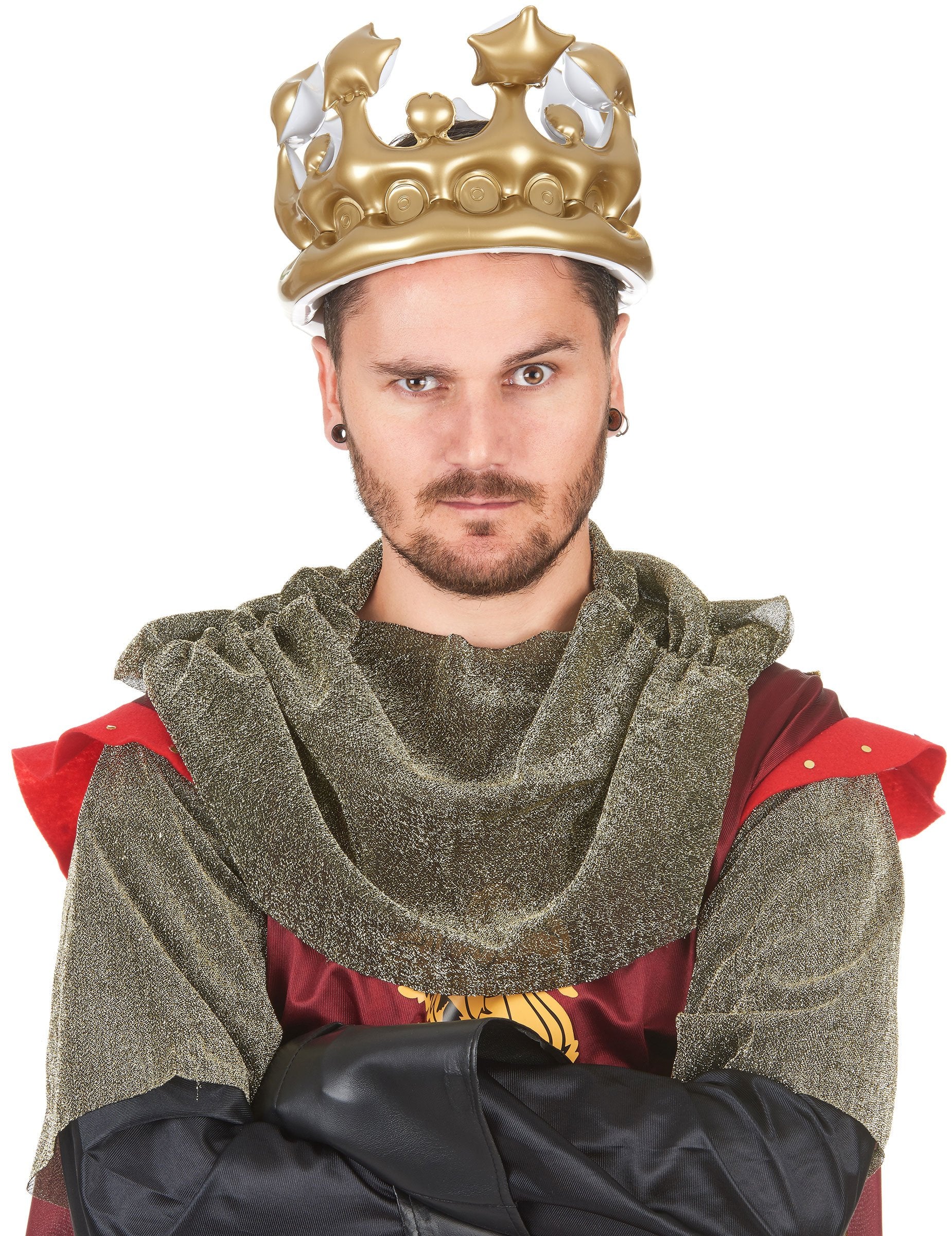 Vue de face de la couronne gonflable de roi or