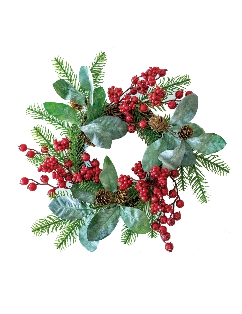 Couronne végétale sapin et pommes de pin pour décoration avec baies rouges