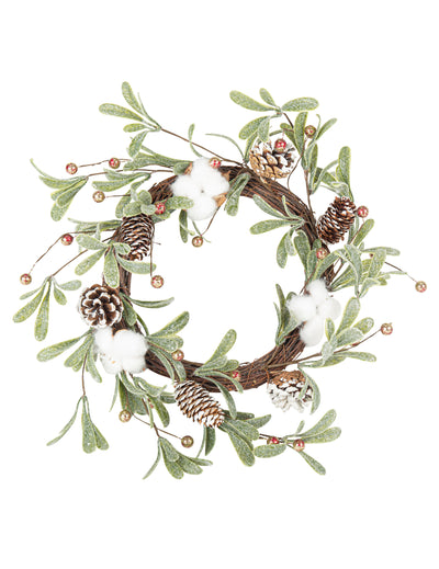 Couronne végétale fleurs de coton et pommes de pin pour décoration verte et blanche givrée