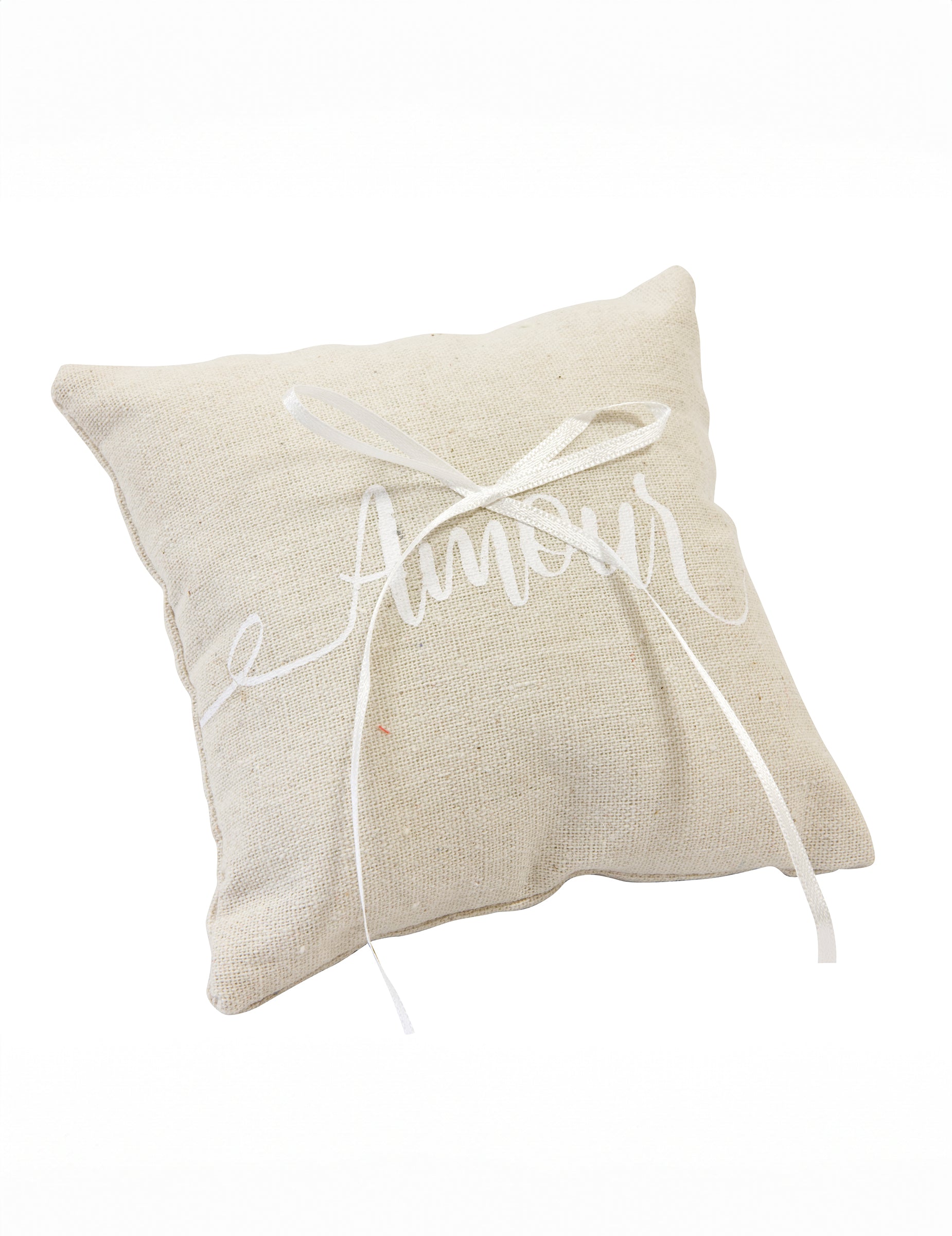 Coussin pour alliances amour en lin naturel avec ruban blanc