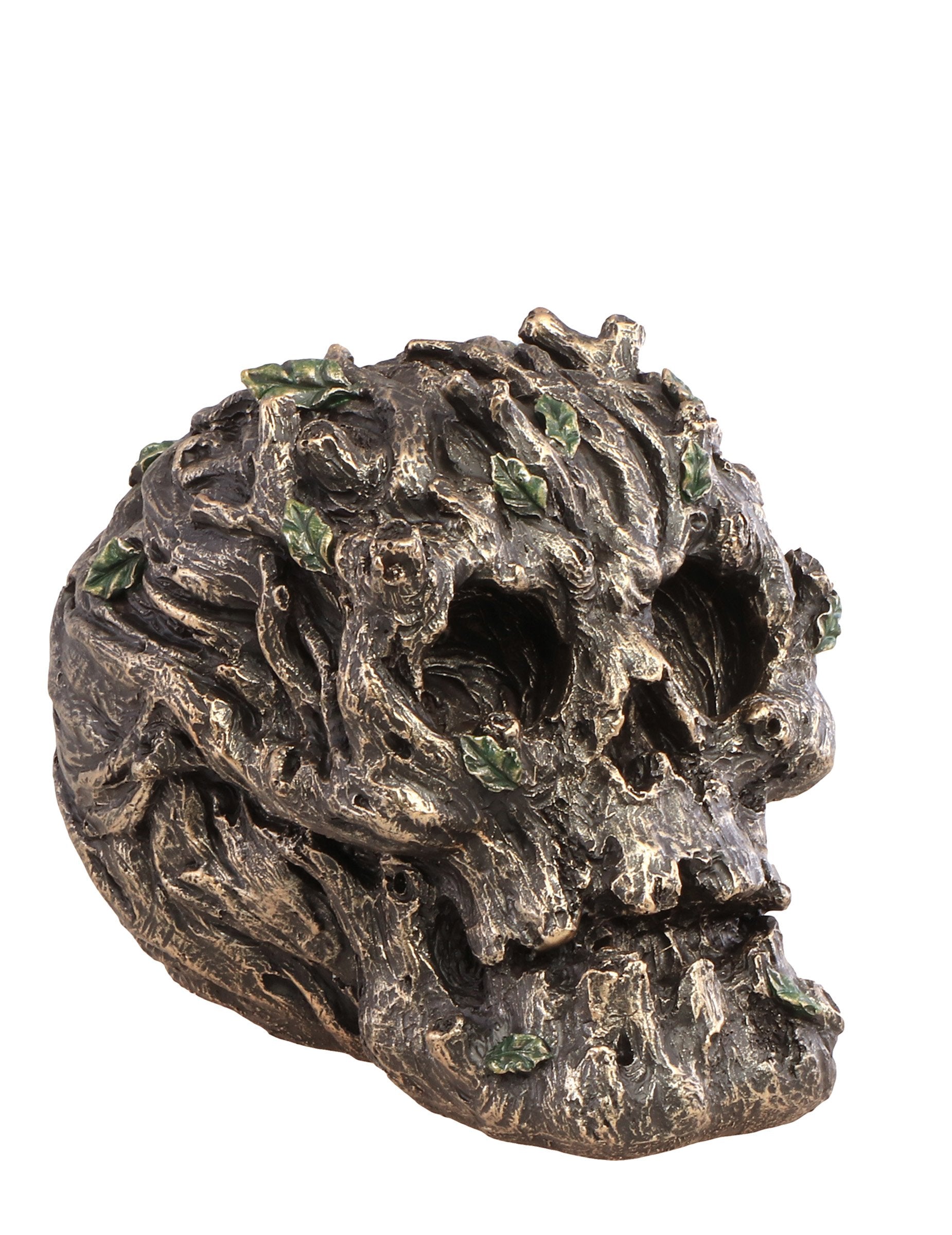 Crâne forêt pour décoration en résine marron aspect bois et feuilles vertes