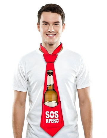 Cravate anti-soif SOS Apéro pour adulte rouge avec porte-bouteille