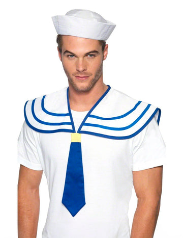 Námořnícka kravata a golier pre dospelých biela a modrá s klobúkom