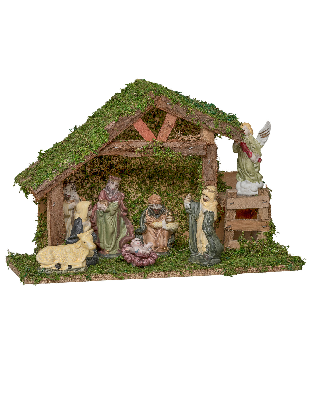 Crèche naturelle 8 santons pour décoration bois et mousse verte