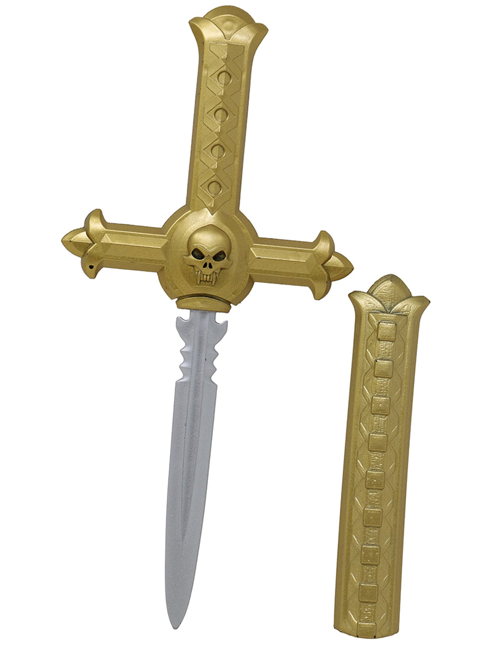 Poignard croix de moine pour adulte doré avec tête de mort et fourreau