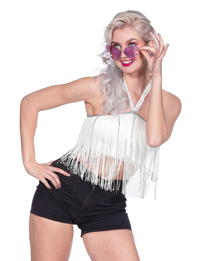 Biely festivalový crop top s strapcami pre ženy