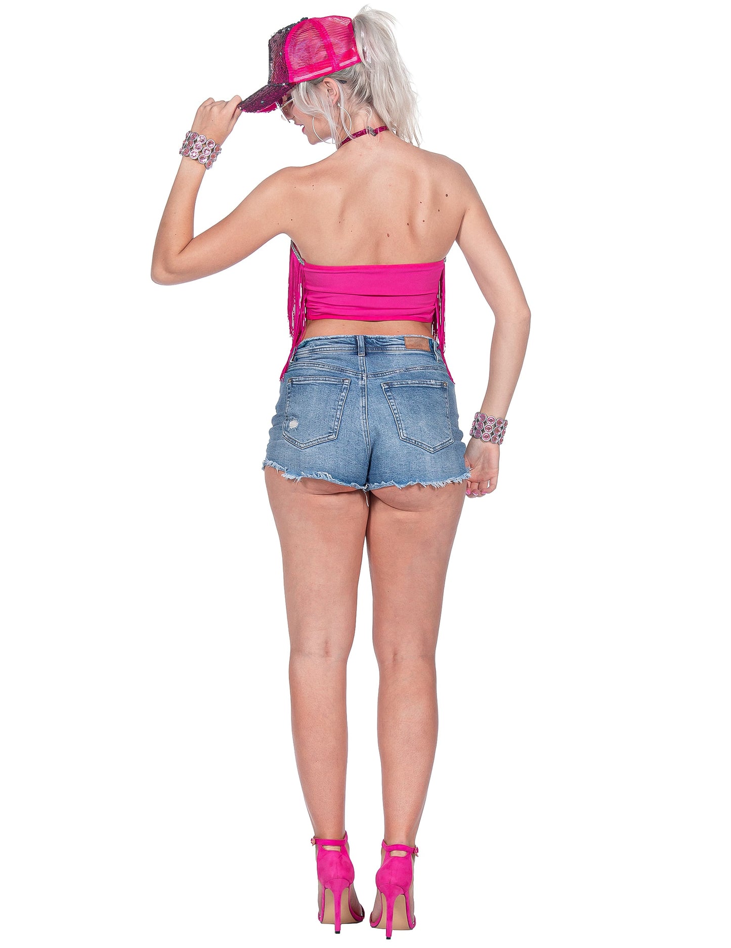 Ružový festivalový crop top s strapcami pre ženy