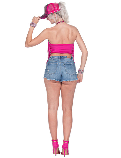 Ružový festivalový crop top s strapcami pre ženy