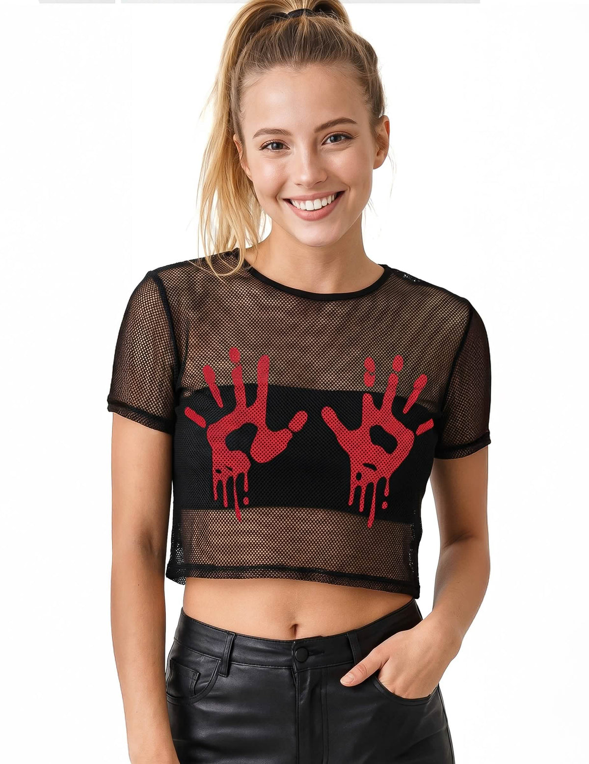 Čierny sieťovaný crop top s krvavými rukami pre dospelých