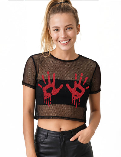 Čierny sieťovaný crop top s krvavými rukami pre dospelých