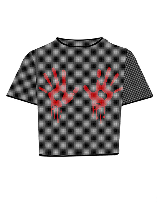 Čierny sieťovaný crop top s krvavými rukami pre dospelých