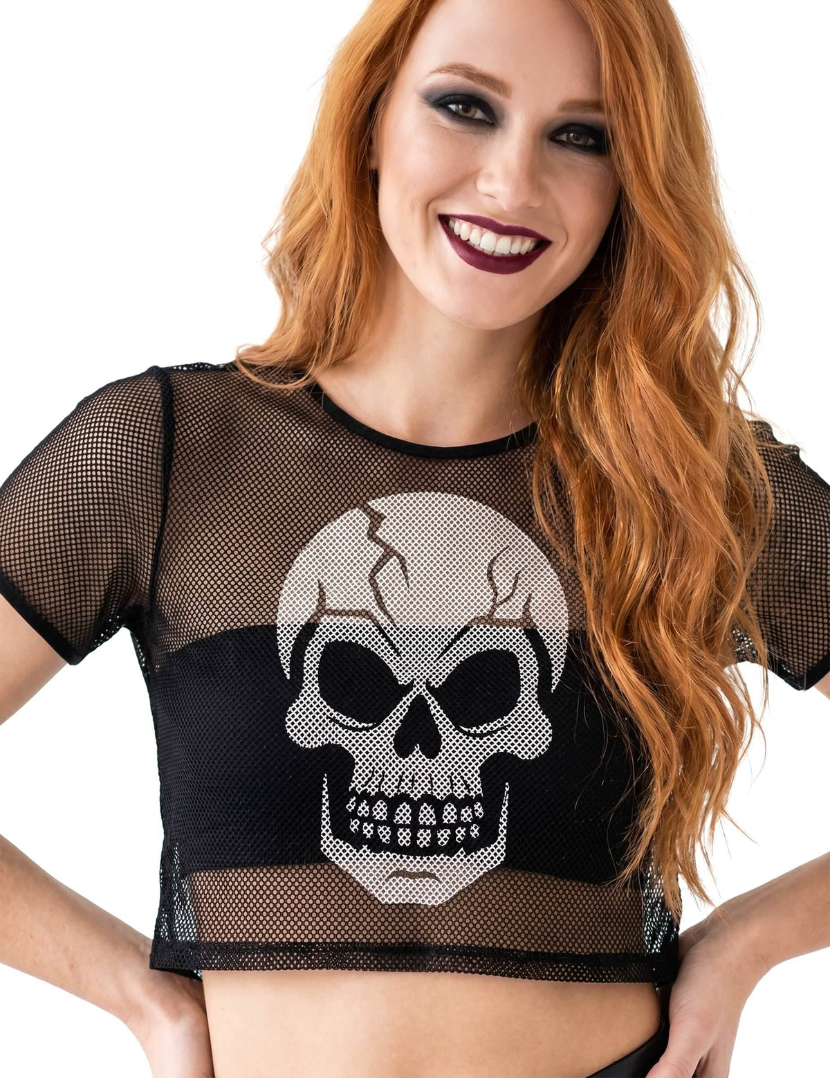 Čierny sieťovaný crop top s lebkou pre dospelých