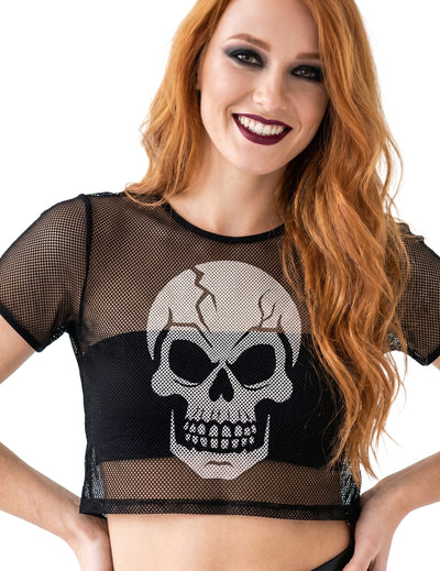 Čierny sieťovaný crop top s lebkou pre dospelých