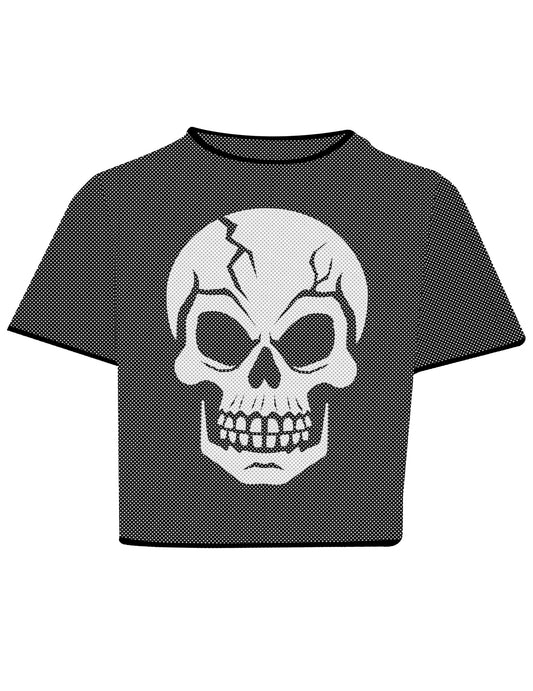 Čierny sieťovaný crop top s lebkou pre dospelých
