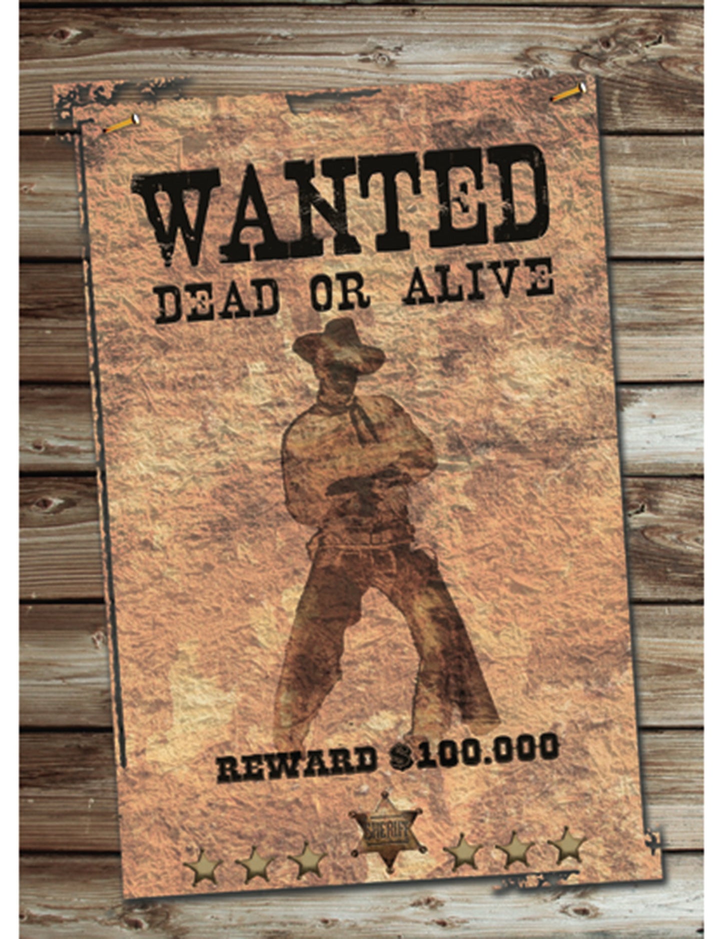 Décoration Cut out Wanted pour soirée western marron effet vintage parchemin