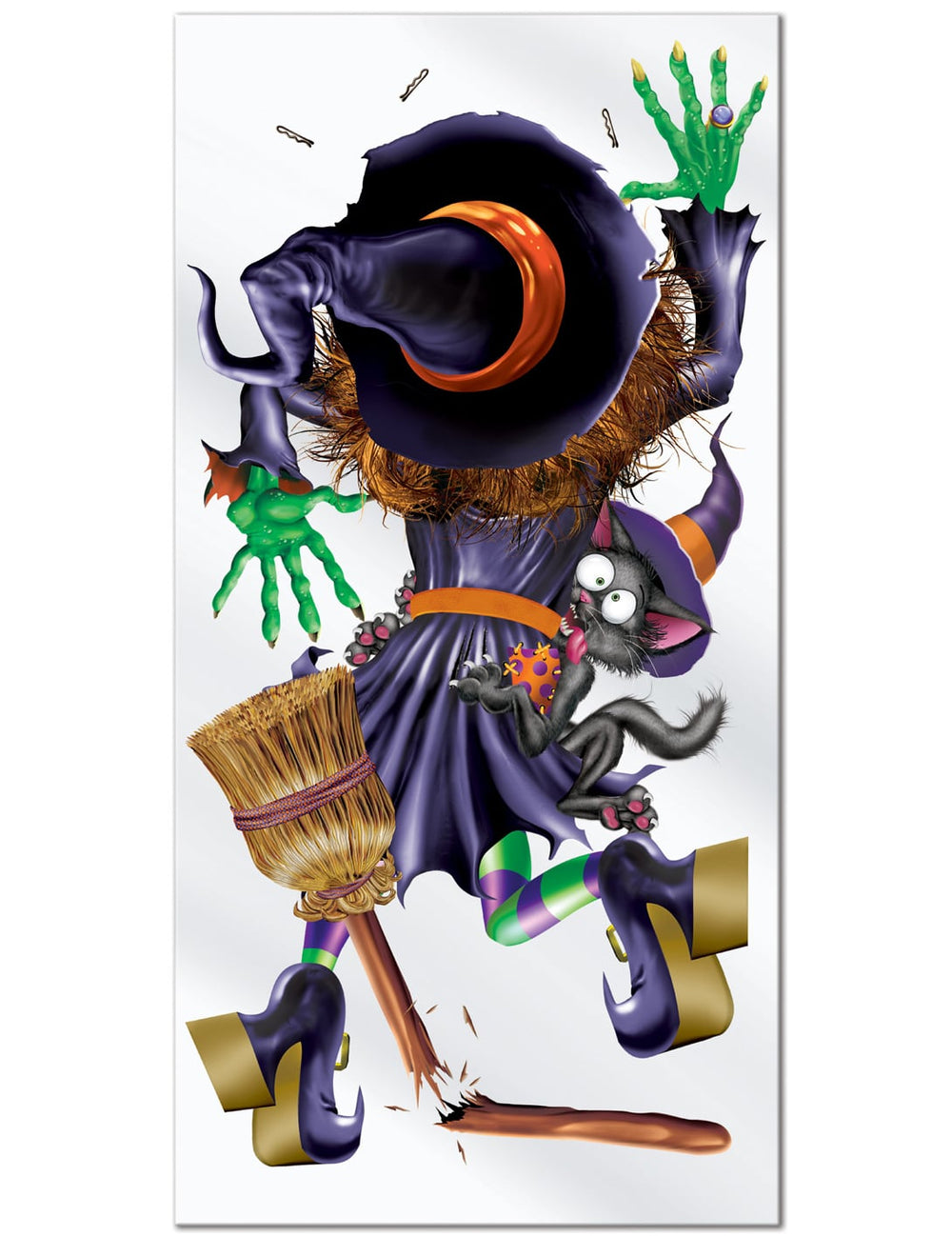 Décoration de porte Sorcière écrasée pour Halloween violette avec balai cassé et chat noir