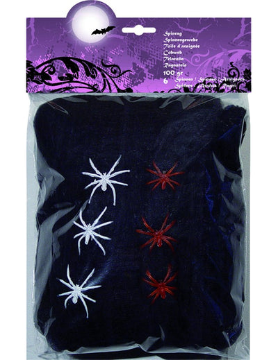 Toile d'araignée Halloween pour décoration noire avec 6 araignées blanches et rouges 100g