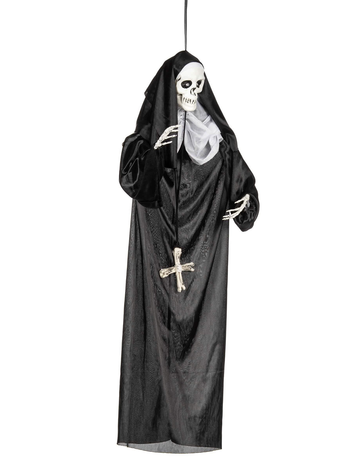 Závesná dekorácia mníška na halloween čierna s lebkovou hlavou a krížom z kostí