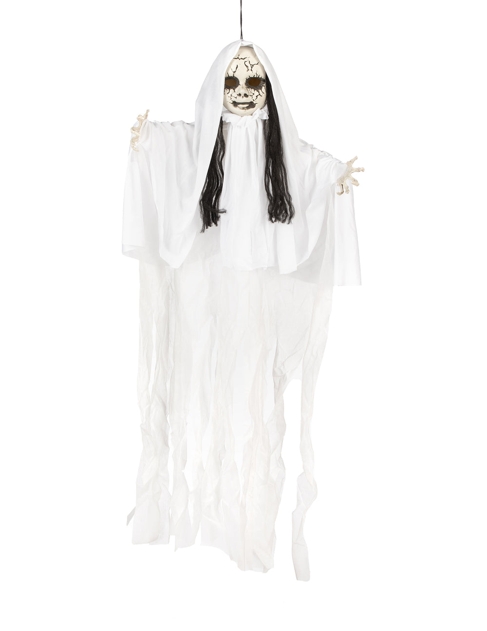 Décoration à suspendre poupée fantôme lumineuse blanche avec longs cheveux noirs et visage craquelé