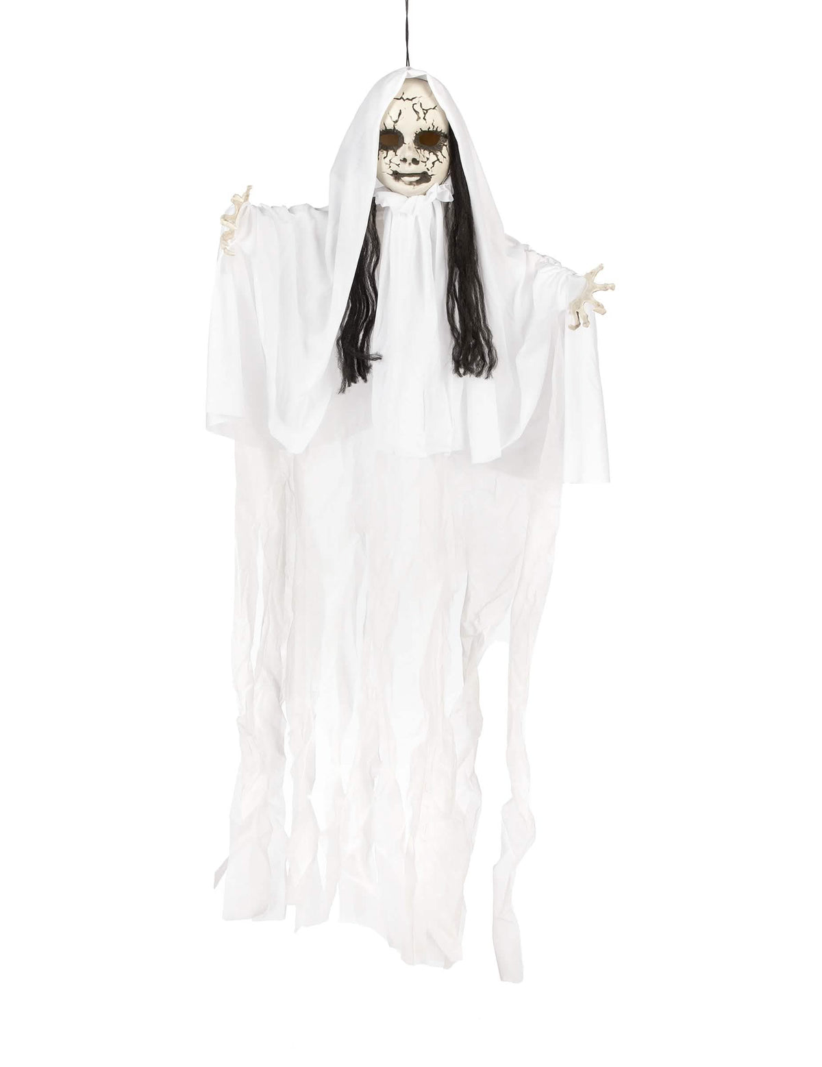 Décoration à suspendre poupée fantôme lumineuse blanche avec longs cheveux noirs et visage craquelé
