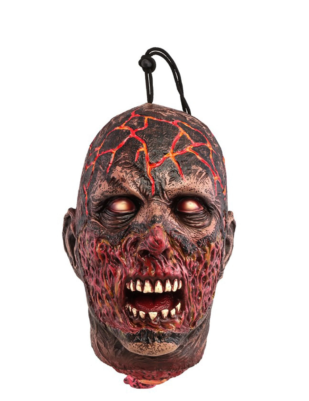 Décoration à suspendre tête de zombie brûlé noir et rouge avec craquelures orange vif