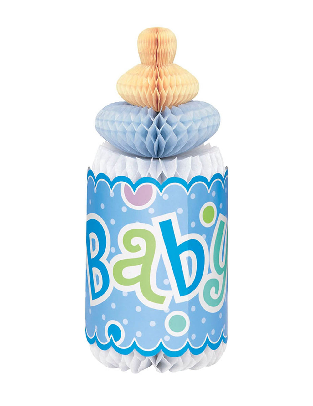 Dekorácia s plástovou štruktúrou - stredový prvok na stôl vo forme dojčenskej fľaše pre baby shower modrá
