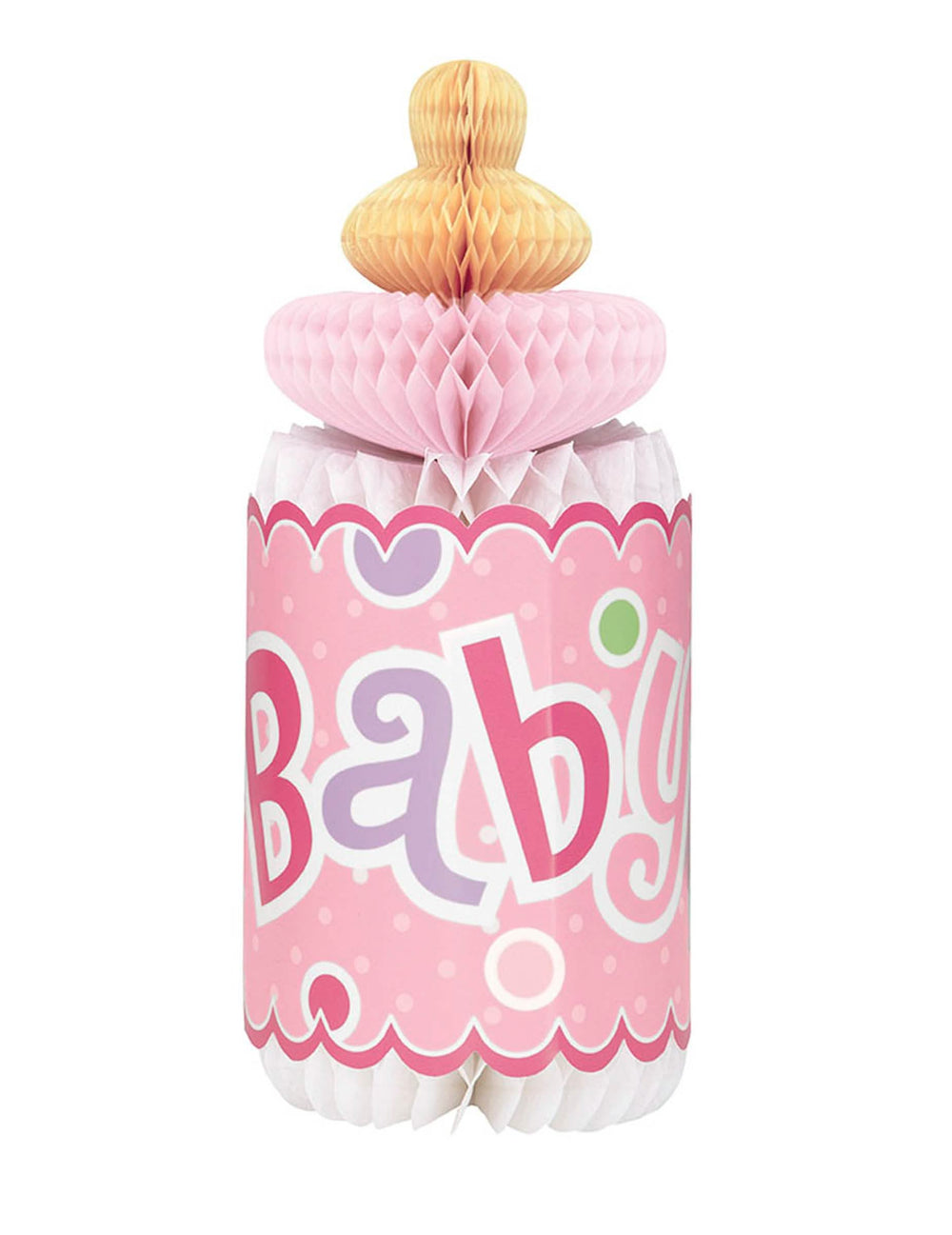 Dekorácia stola v tvare fľaše s voštinou na baby shower pre dievča ružová