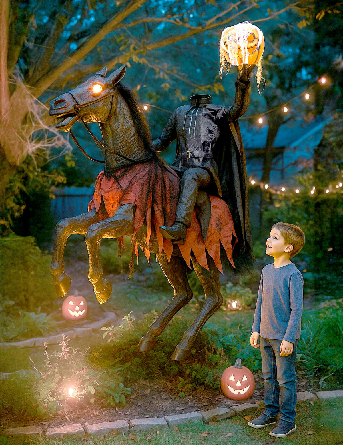 Décoration animée cavalier sans tête pour Halloween noire et orange avec citrouille lumineuse