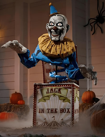 Décoration animée clown Jack in the box pour Halloween bleu et jaune