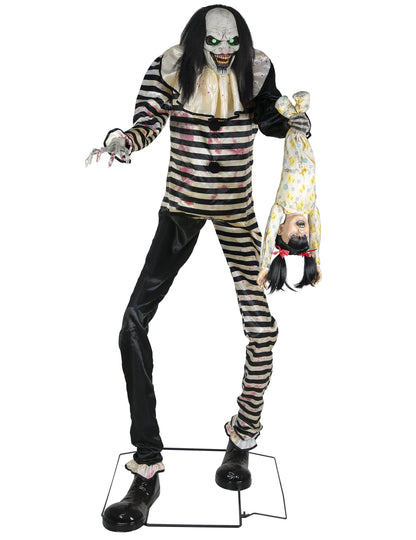 Animovaná dekorácia desivý klaun so závesným dieťaťom s pohybmi a svetlami 2,15 m