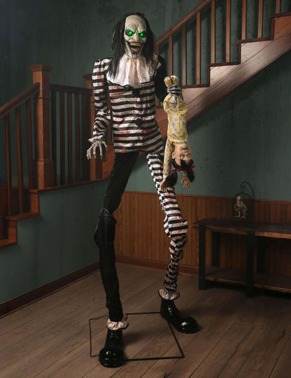 Animovaná dekorácia desivý klaun so závesným dieťaťom s pohybmi a svetlami 2,15 m