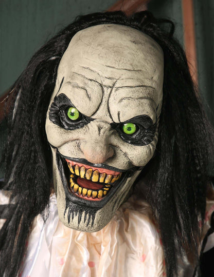 Animovaná dekorácia desivý klaun so závesným dieťaťom s pohybmi a svetlami 2,15 m