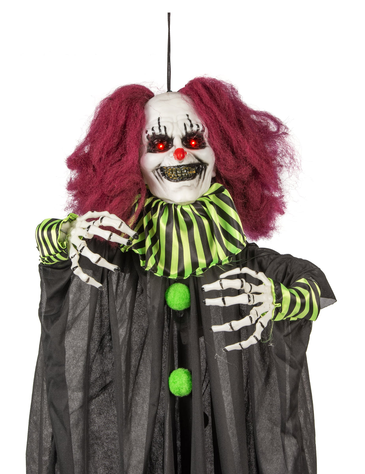 Gros plan sur le visage et les mains de la Décoration animée Clown Terrifiant