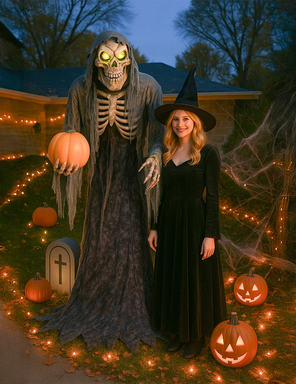 Décoration animée faucheur squelette pour Halloween gris avec citrouille lumineuse