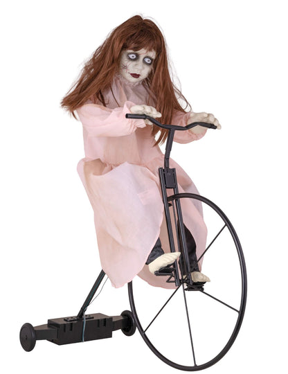 animovaná dekorácia posadnutej dievčatka na bicykli na halloween ružové šaty s pohybom