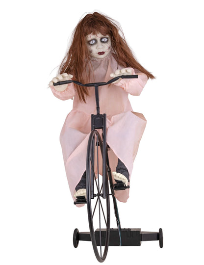 Animovaná dekorácia – posadnuté dievčatko na bicykli s pohybom 72 x 30 x 94 cm