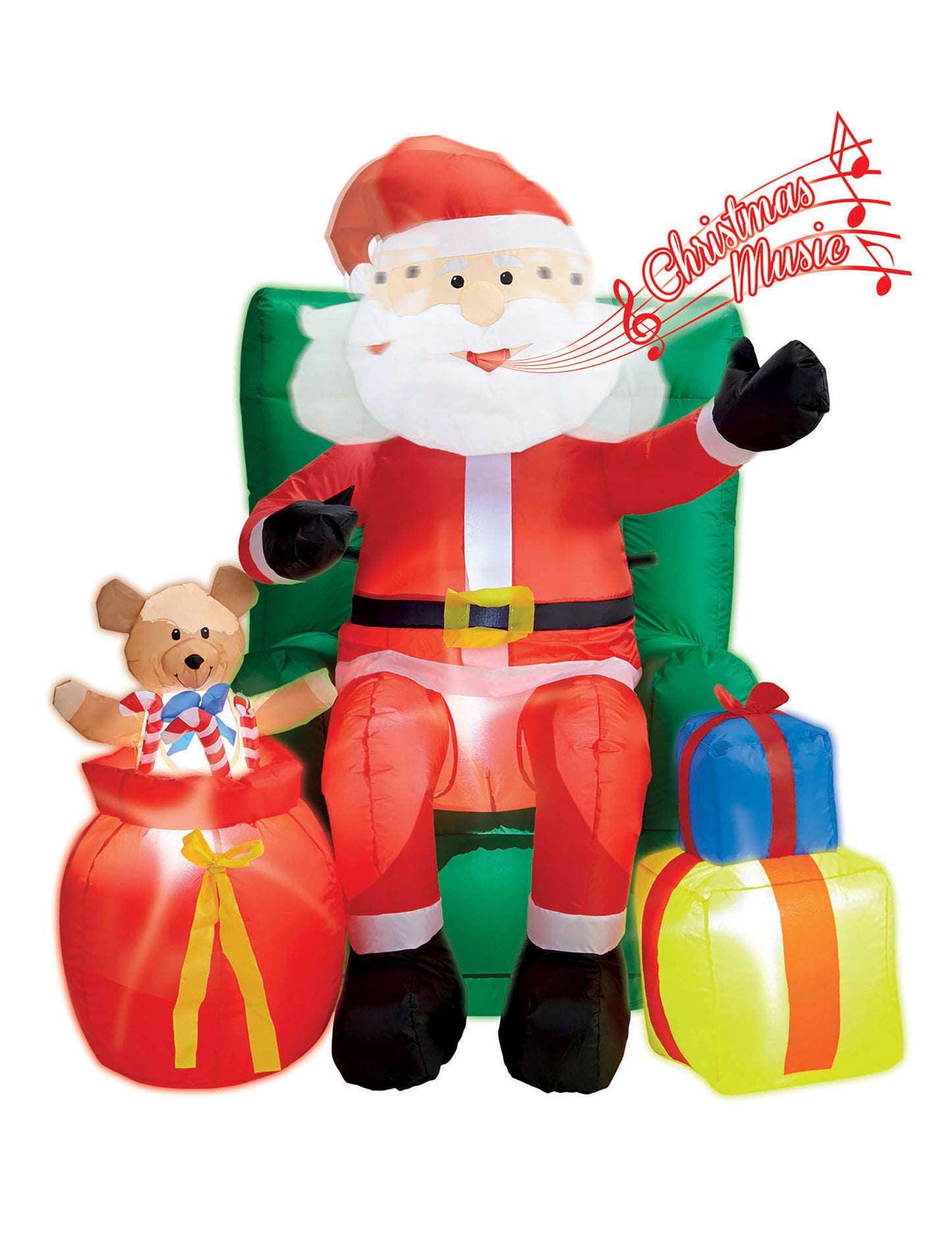 Nafukovacia pohyblivá dekorácia sediaci Santa Claus s darčekmi 122 cm 