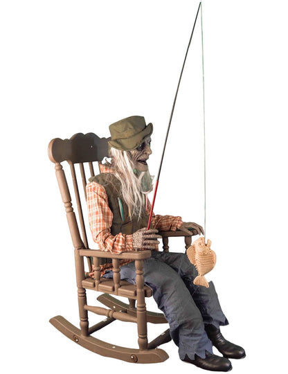 Animovaná dekorácia strašidelný rybár na hojdacom kresle s pohybom 67 x 95 x 185 cm