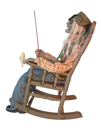 Animovaná dekorácia strašidelný rybár na hojdacom kresle s pohybom 67 x 95 x 185 cm