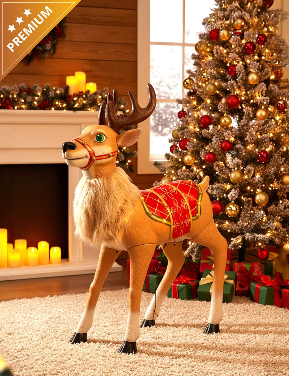 Décoration animée Renne fantaisiste de Noël marron avec selle rouge et dorée