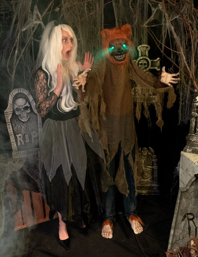 Décoration animée sonore et lumineuse Méchant loup pour Halloween marron aux yeux verts