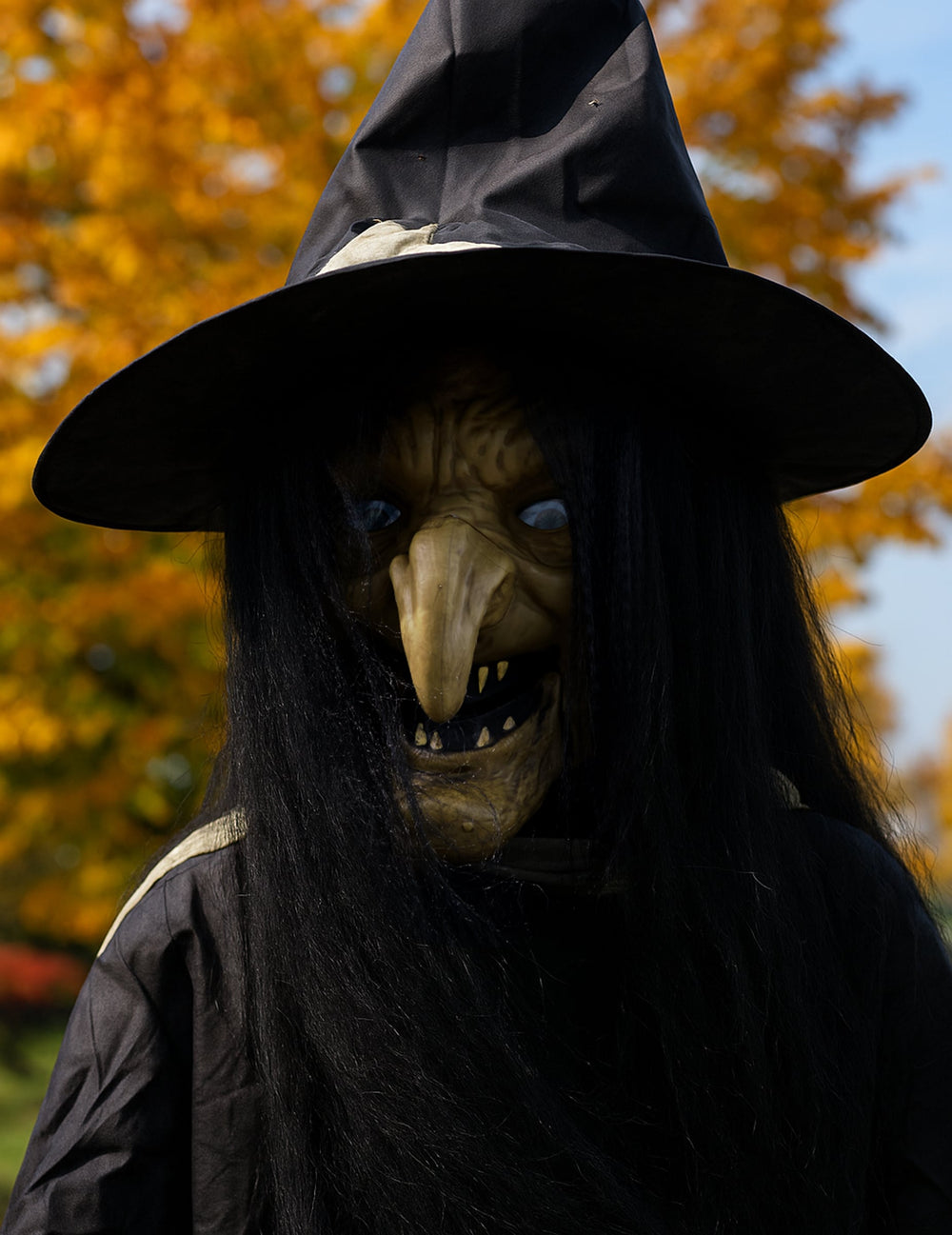 Gros plan sur le visage de la décoration animée sorcière géante