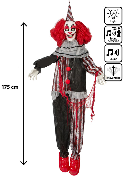 Animovaná závesná dekorácia zlomyseľného klauna so smiechom a pohybom 175 cm