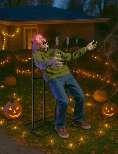 Décoration animée zombie empalé pour Halloween sonore et lumineux avec yeux rouges