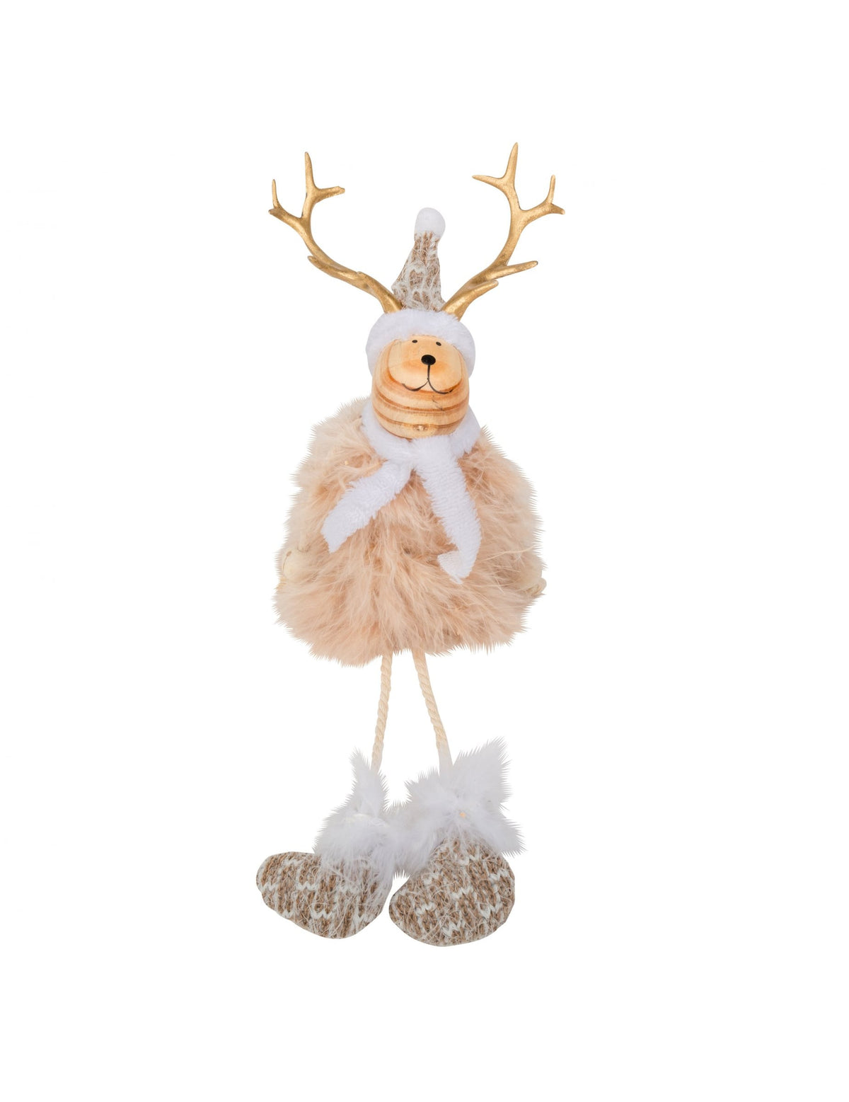 Décoration cerf en bois et fourrure beige et blanc avec bonnet et bois dorés