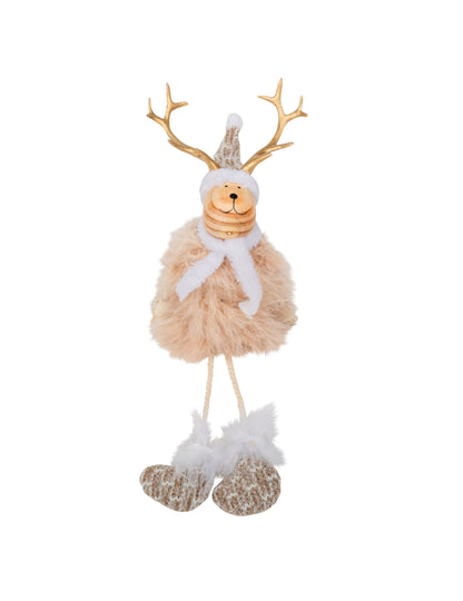 Décoration cerf en bois et fourrure beige et blanc avec bonnet et bois dorés
