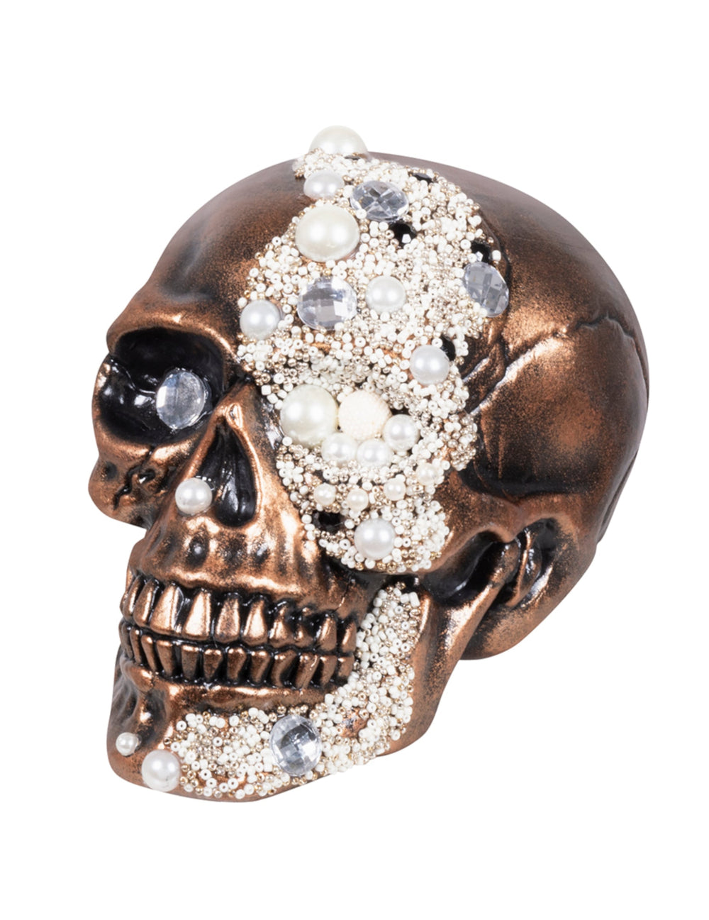 Décoration crâne orné de diamants pour Halloween bronze et perles blanches