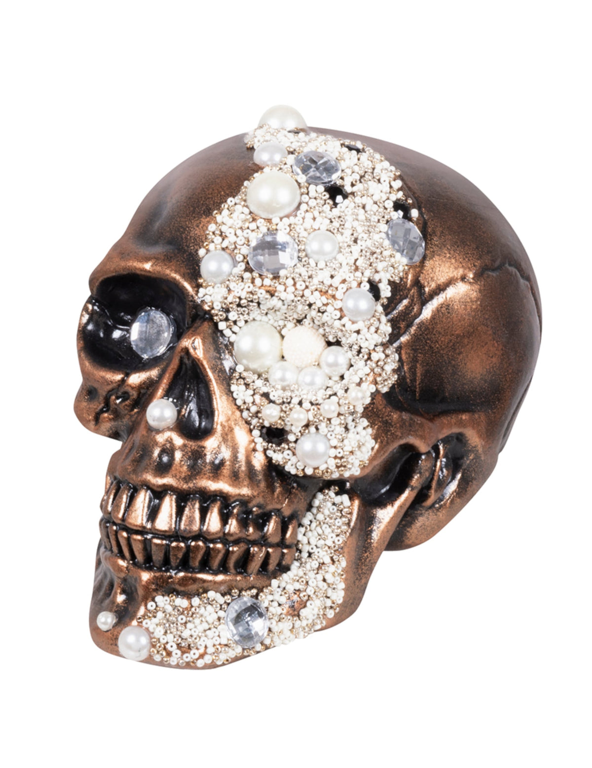 Décoration crâne orné de diamants pour Halloween bronze et perles blanches