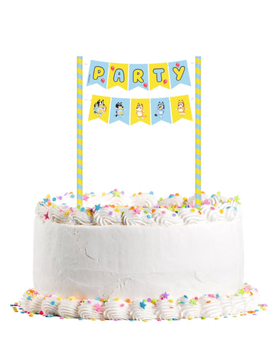 Décoration de gâteau Bluey pour enfant bleue et jaune avec fanions Party